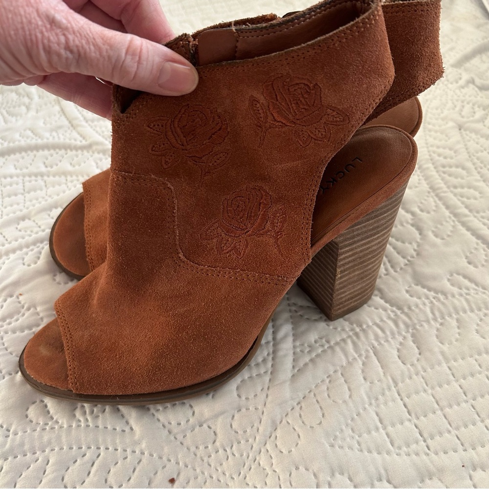 Lucky Brand Brown Suede Peep Toe Heeled Booties